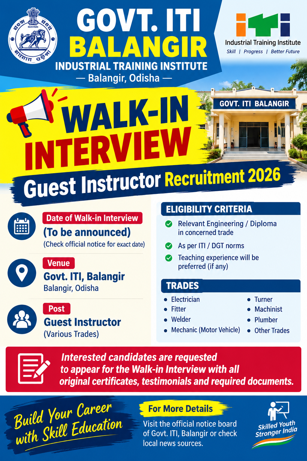 Walk-in Interview Govt ITI Balangir Guest Instructor Recruitment 2026